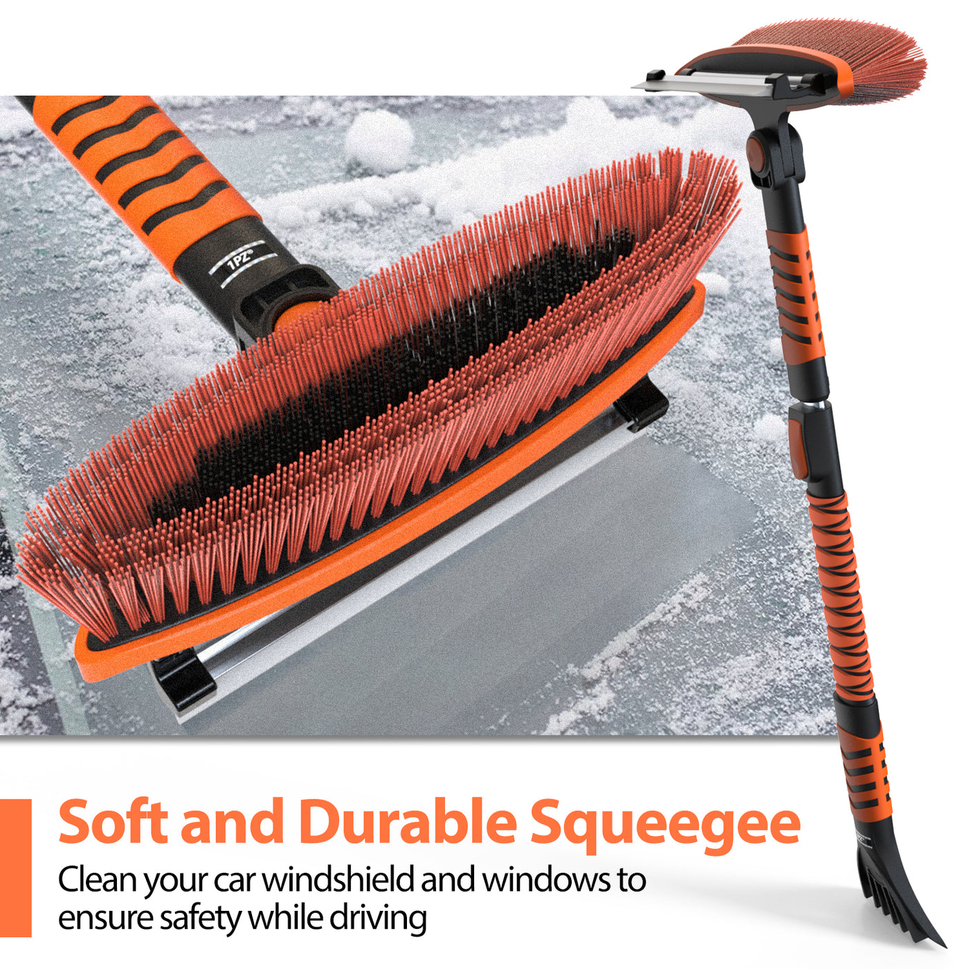 Snow Brush and Ice Scraper 3 in 1 Sturdy Snow Brush with Squeegee Windshield with Foam Grip and 360° Pivoting Brush Head