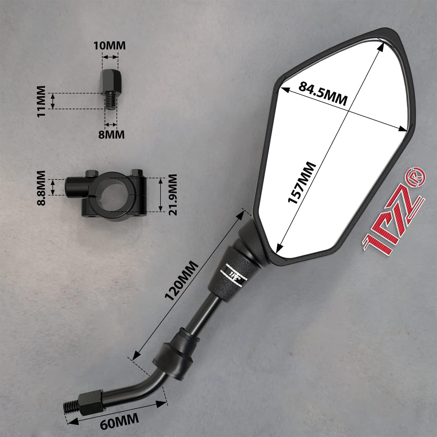 1PZ ATV Rear view Mirror with 7/8" Handlebar Mount 8mm Adaptor Replacement for Honda Polaris Suzuki Kawasaki Yamaha 4 Wheeler Dirt Bike Motorcycle Scooter Moped Cruiser Chopper