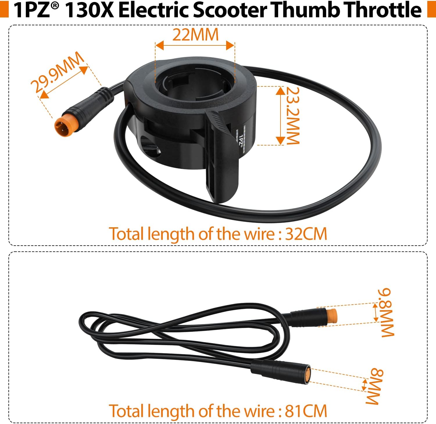 1PZ 130X Electric Bicycle Thumb Throttle with Waterproof Connector for Electric Bike Scooter Right Left Hand Accelerator