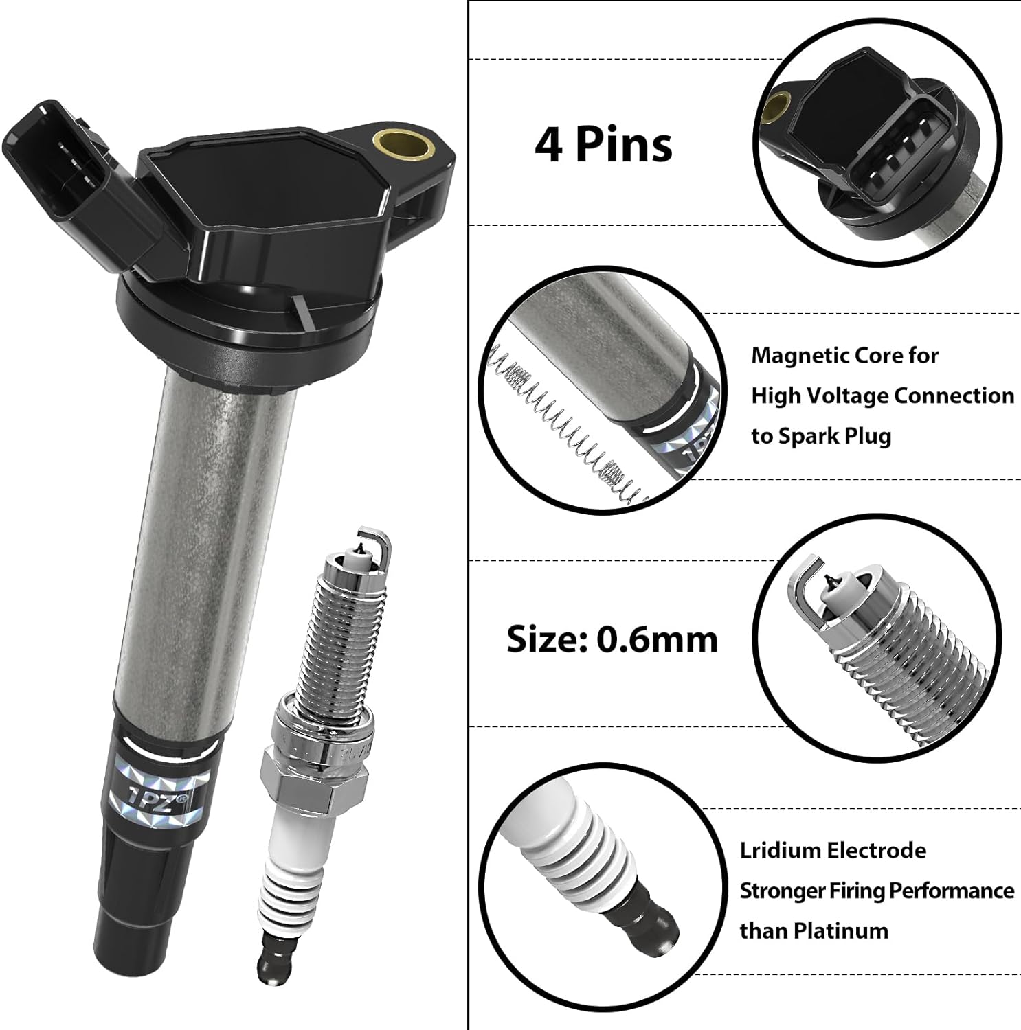 1PZ Ignition Coil Pack UF596 and Iridium Spark Plugs 93501 Set of 4 Replacement for Toyota Prius Corolla Matrix V CT200H XD 1.8L L4 Compatible with 90919-02258