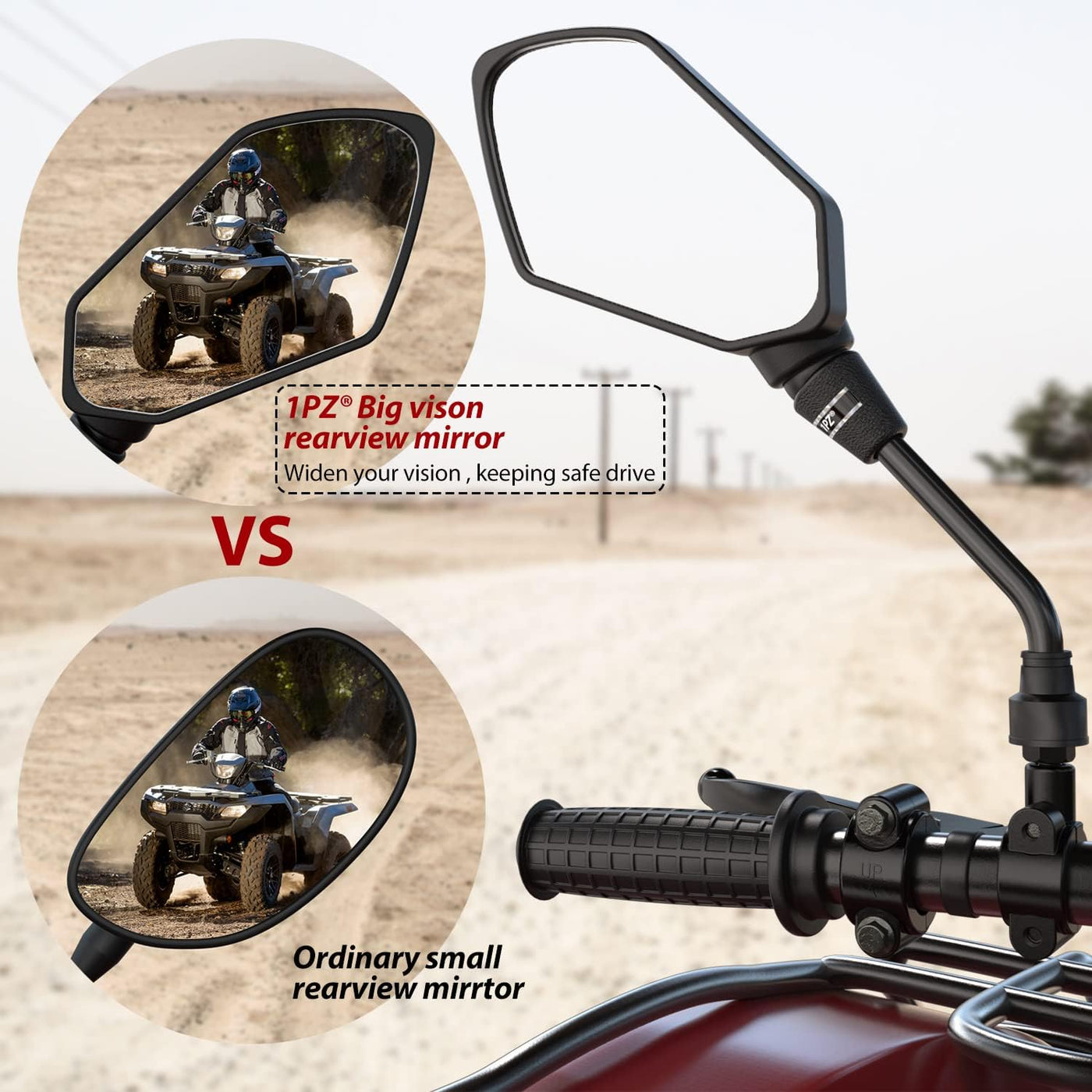 1PZ ATV Rear view Mirror with 7/8" Handlebar Mount 8mm Adaptor Replacement for Honda Polaris Suzuki Kawasaki Yamaha 4 Wheeler Dirt Bike Motorcycle Scooter Moped Cruiser Chopper