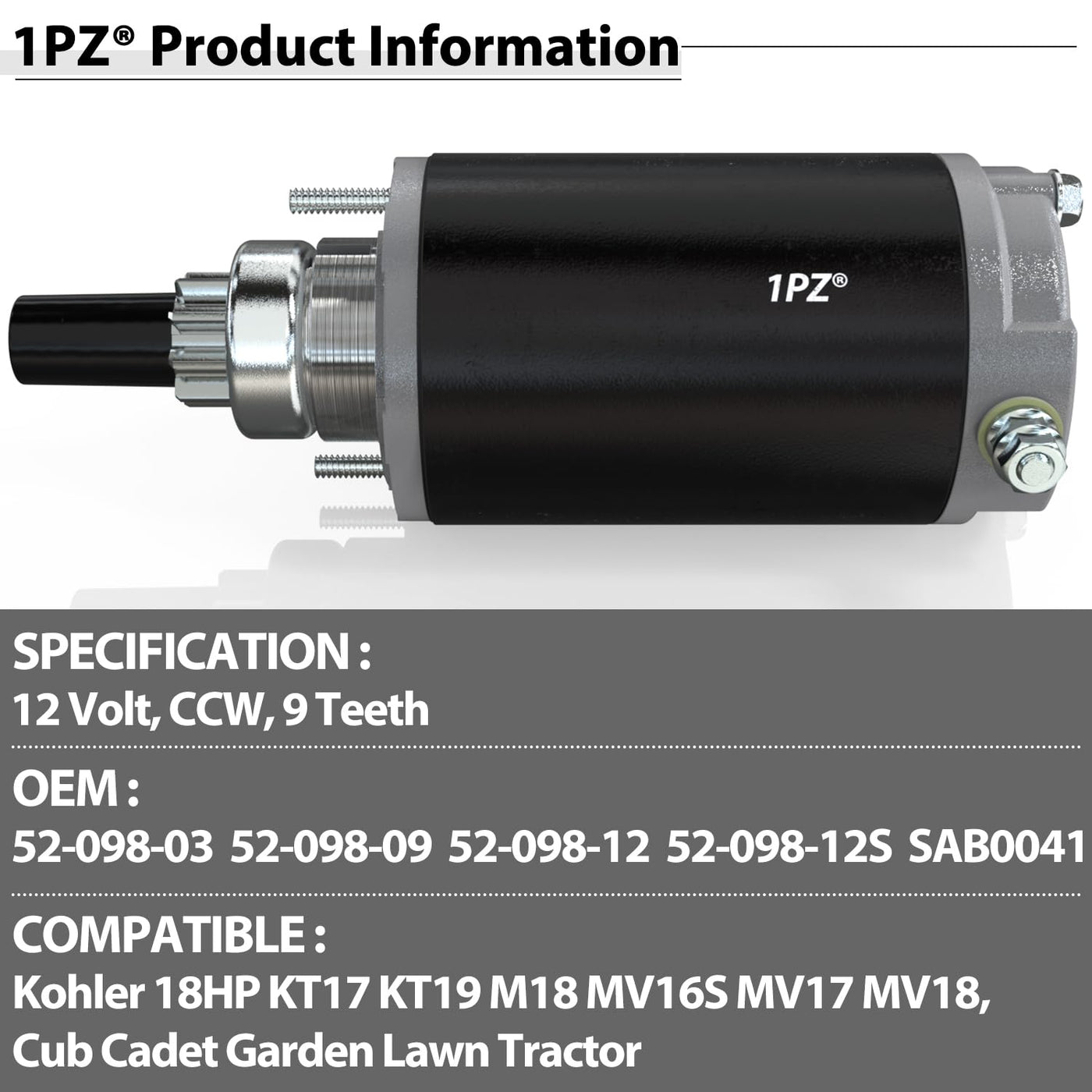 1PZ Electrical Starter Replacement for Kohler 18HP KT17 KT19 M18 MV16S MV17 MV18 Cub Cadet Garden Lawn Tractor 410-21008 1770540 1819040 1819040-M030SM 5213140-M030SM 5666240-M030SM