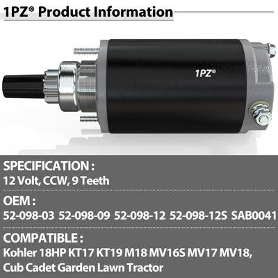 1PZ Electrical Starter Replacement for Kohler 18HP KT17 KT19 M18 MV16S MV17 MV18 Cub Cadet Garden Lawn Tractor 410-21008 1770540 1819040 1819040-M030SM 5213140-M030SM 5666240-M030SM