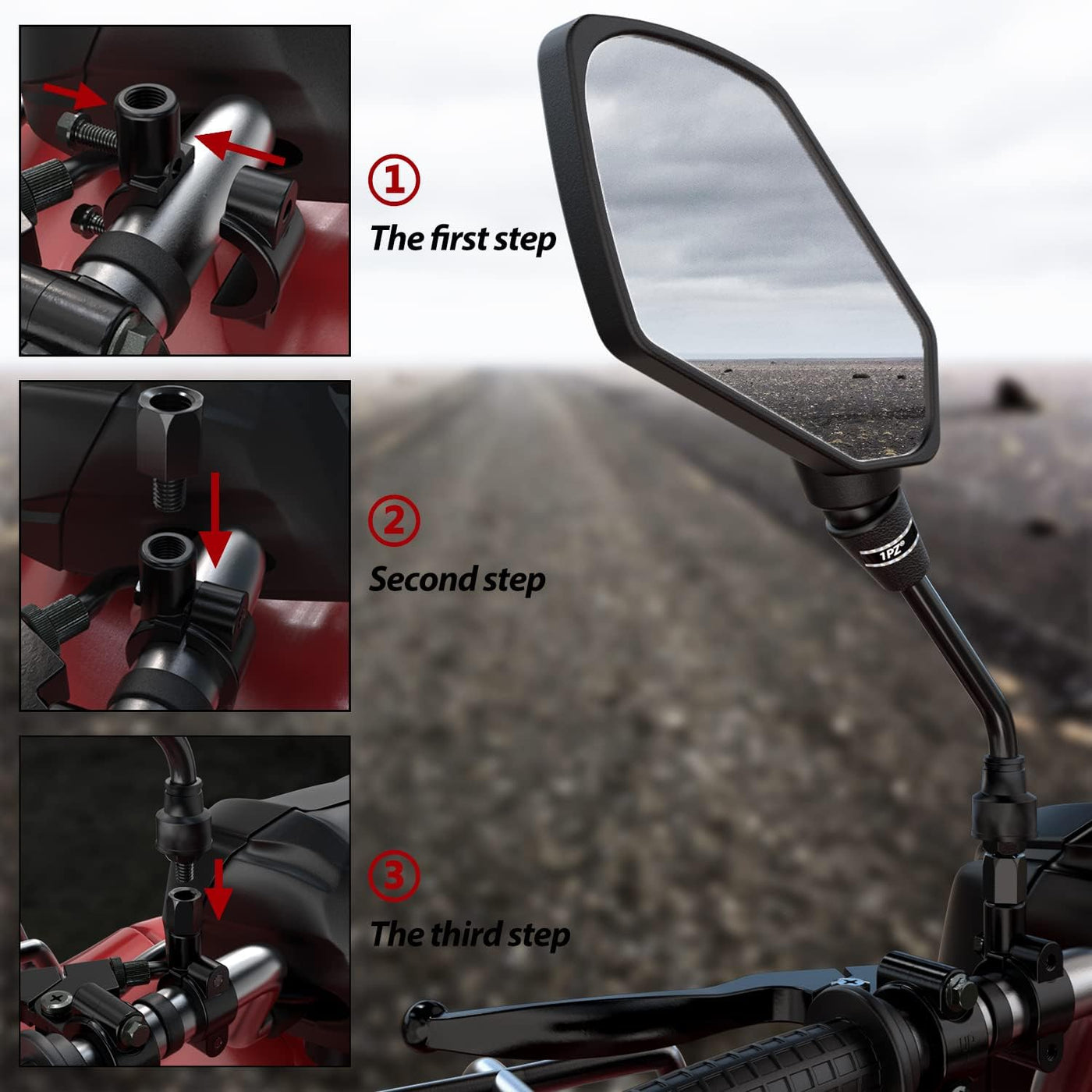 1PZ ATV Rear view Mirror with 7/8" Handlebar Mount 8mm Adaptor Replacement for Honda Polaris Suzuki Kawasaki Yamaha 4 Wheeler Dirt Bike Motorcycle Scooter Moped Cruiser Chopper