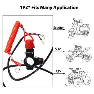 1PZ Dirt Bike Handlebar Mount Safety Tether Engine Kill Stop Switch Push Button 12V 2 Wires for Yamaha Honda Tohatsu Boat Outboard Motorcycle ATV Dirt Bike